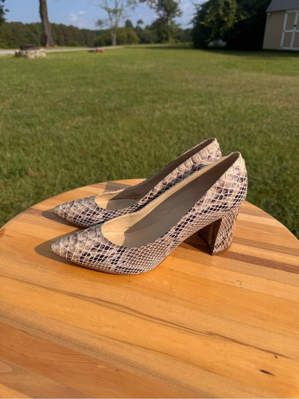 Ladies Marc Fisher Python-Print Taupe Pointed Block Heel Pumps